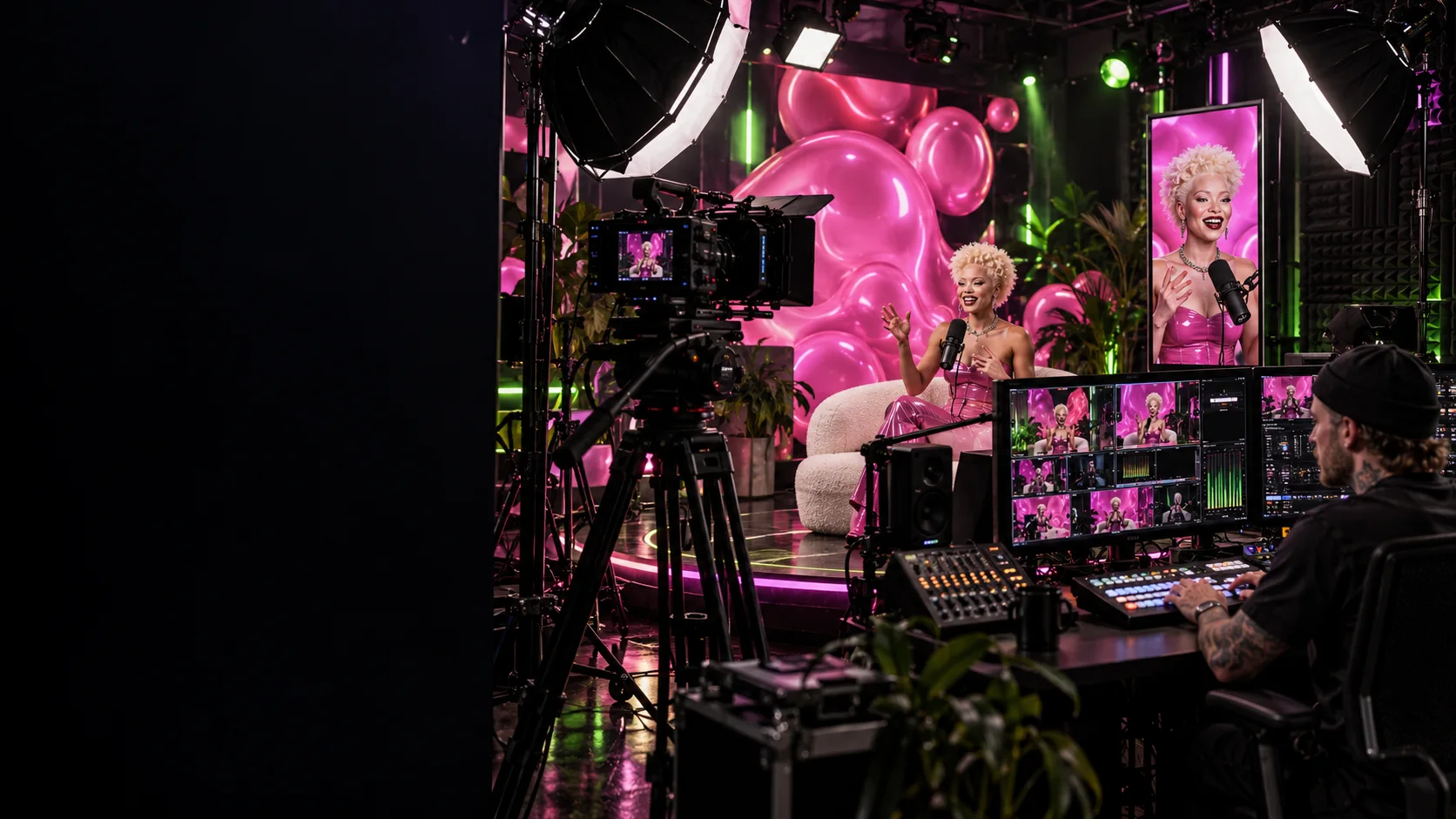 Plateau de live professionnel avec caméra, lumière, présentatrice, régie multicam et retour vertical
